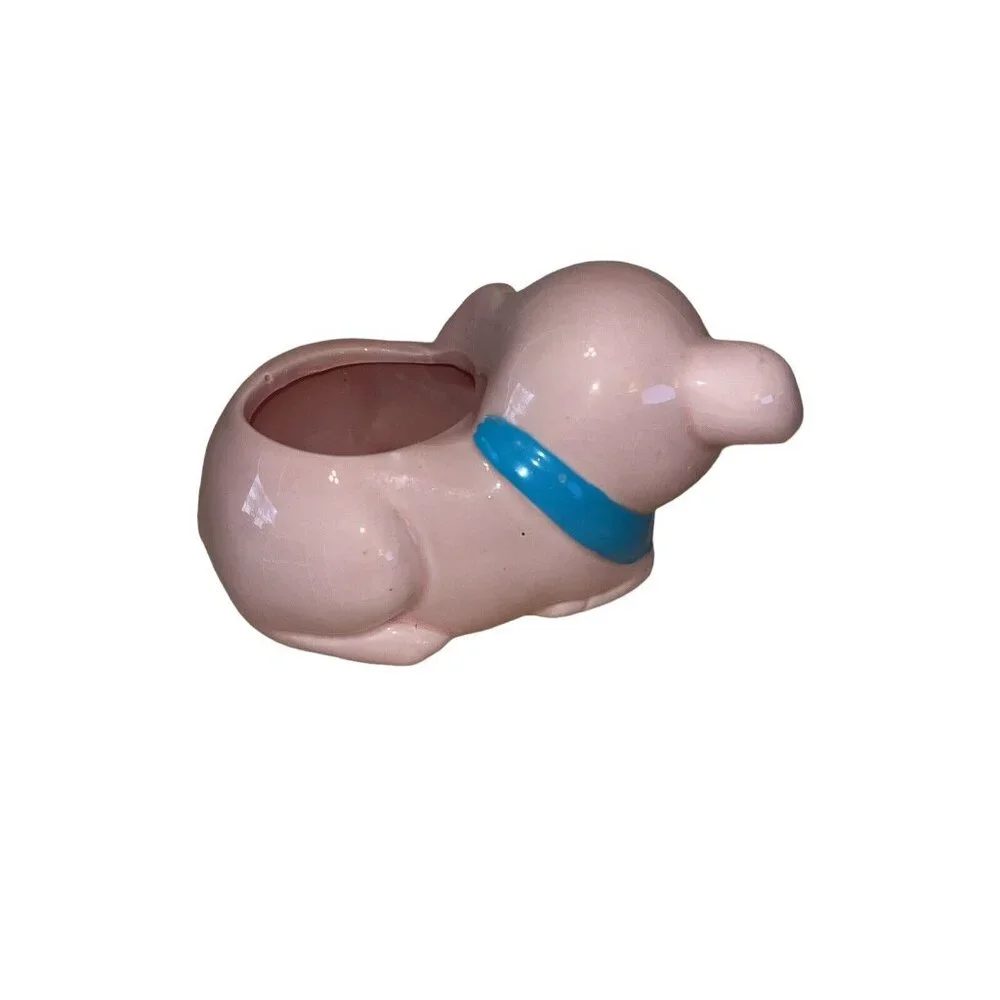 Pink Whimsical Happy Farmhouse Anthropomorphic Smiling Baby Pig Vintage Planter